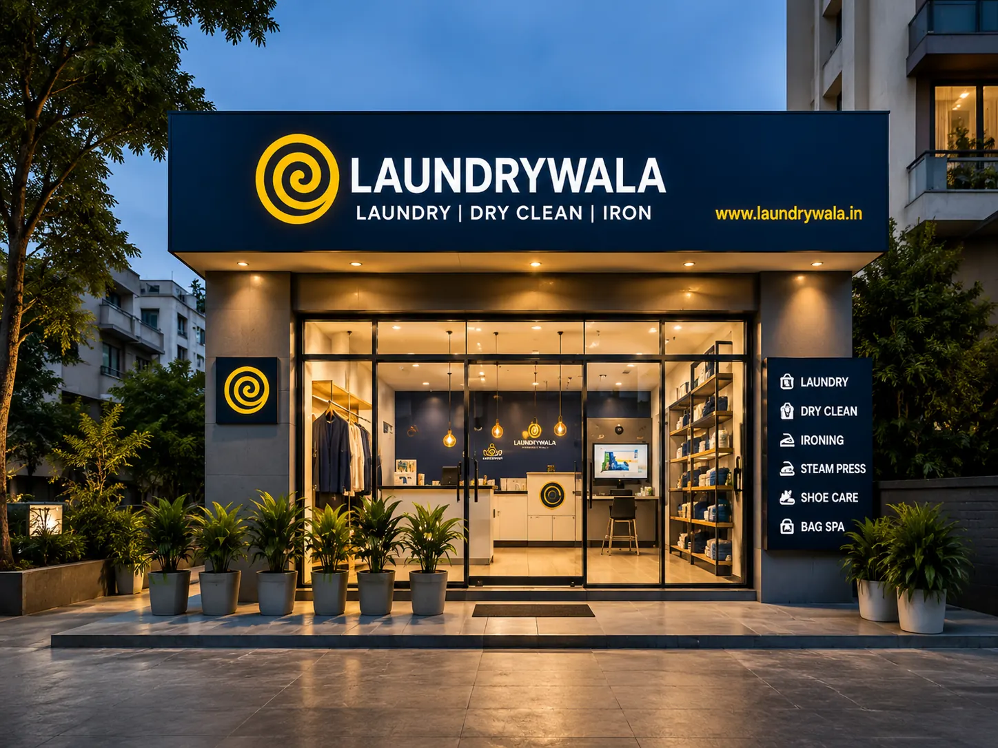 A Laundrywala laundry and dry-cleaning franchise store lit up at dusk