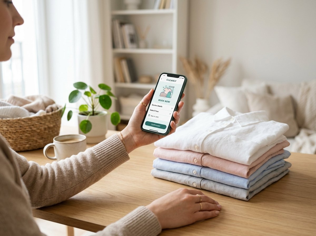 Online laundry scheduling on smartphone next to folded garments