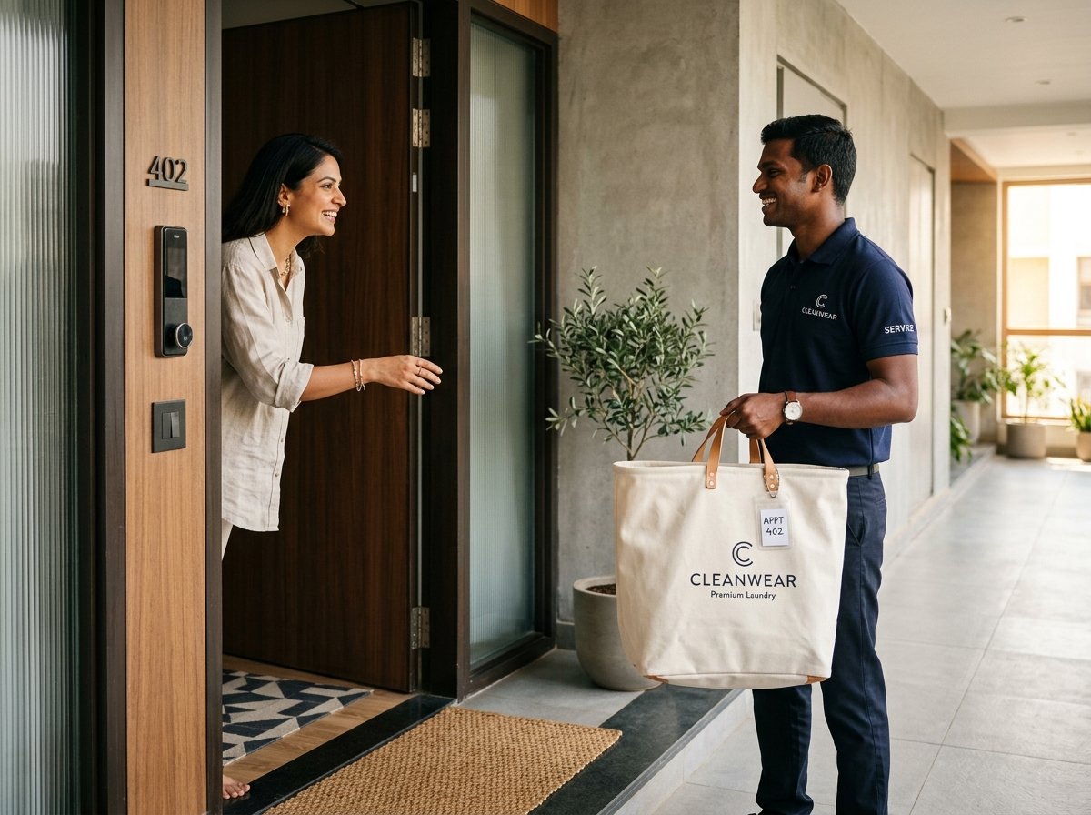 Laundrywala courier collecting laundry bag at doorstep