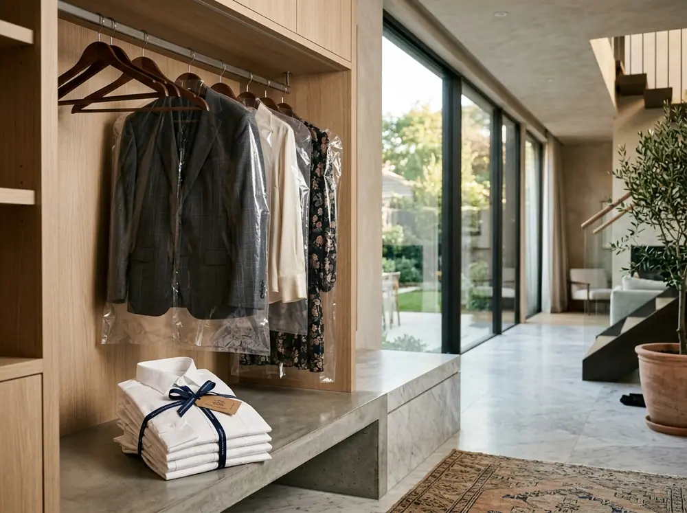 Freshly cleaned and packaged garments delivered to home