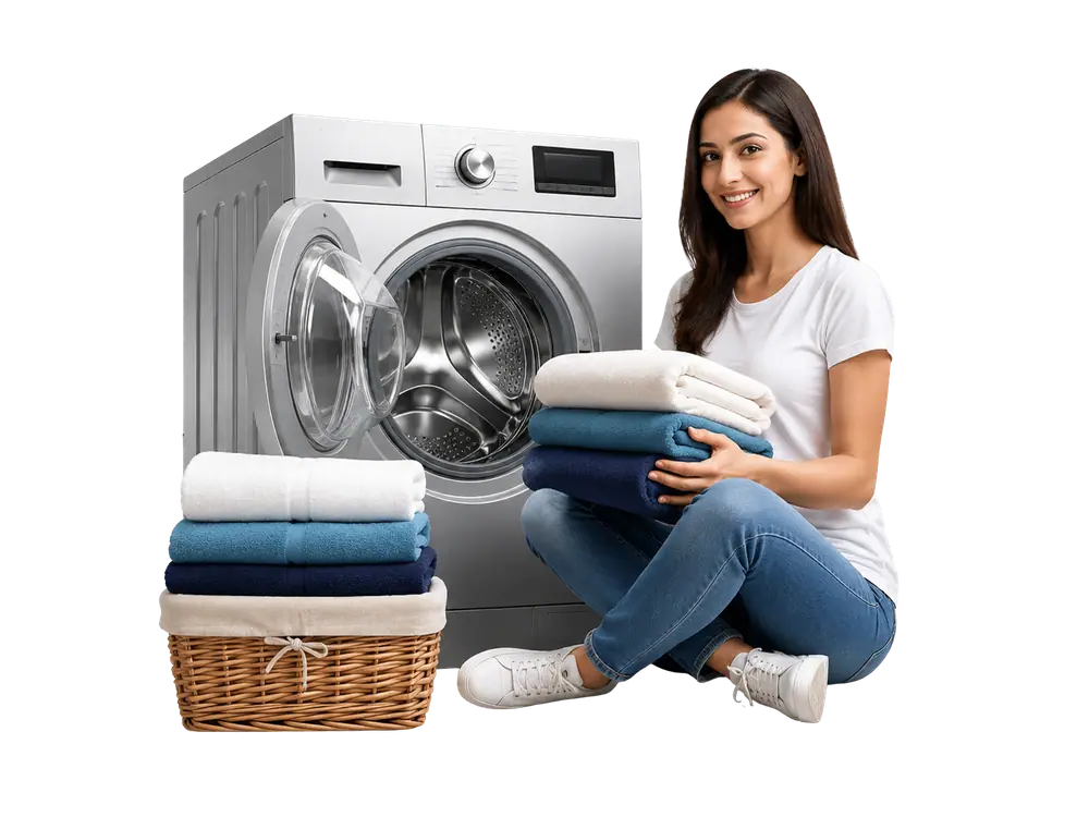 Smiling Customer with Clean Clothes Basket