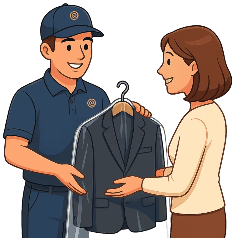 Dry-cleaned garments on hangers ready for delivery