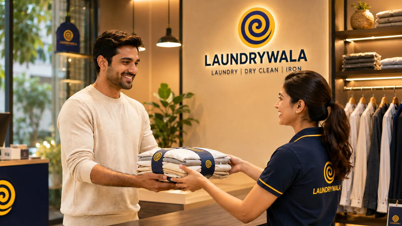 A Laundrywala store associate handing a customer his freshly cleaned, folded clothes at the counter